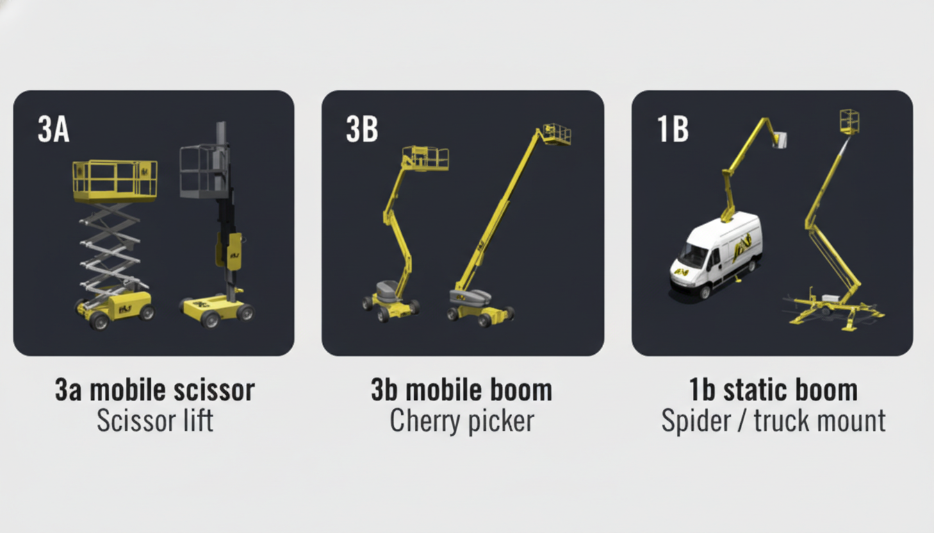 IPAF operator categories: 3A scissor lift, 3B mobile boom (cherry picker), 1B static boom (spider/truck mount)